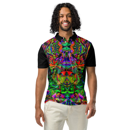 Men’s slim fit polo shirt with vibrant abstract neon graphic print by Hipyfi  – modern streetwear style, breathable jersey fabric. Front