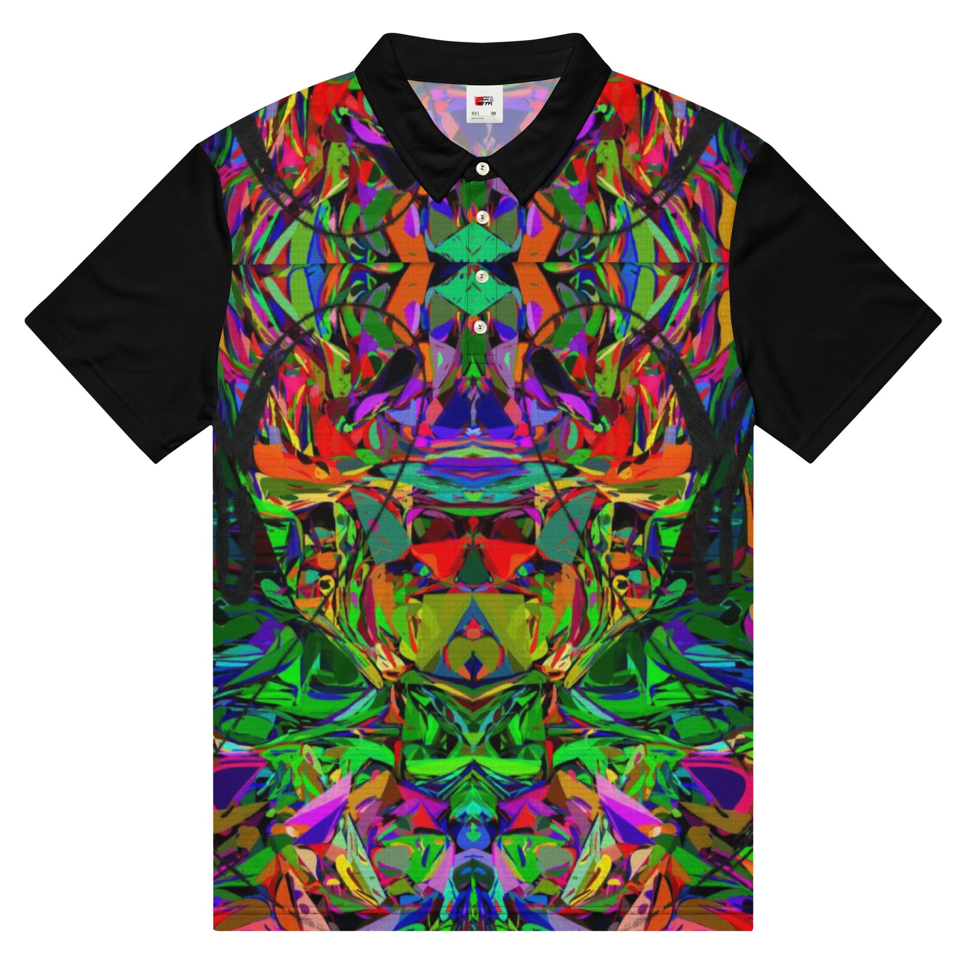 Men’s slim fit polo shirt with vibrant abstract neon graphic print by Hipyfi  – modern streetwear style, breathable jersey fabric. Front-3