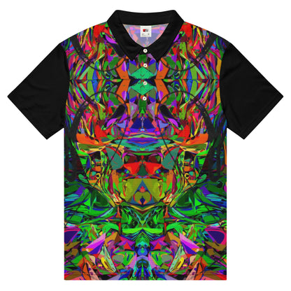 Men’s slim fit polo shirt with vibrant abstract neon graphic print by Hipyfi  – modern streetwear style, breathable jersey fabric. Front-3