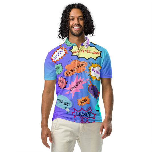 Hipyfi Retro Comic Slim Fit Polo Shirt with 80s Pop Art Graphic Design for Men Front