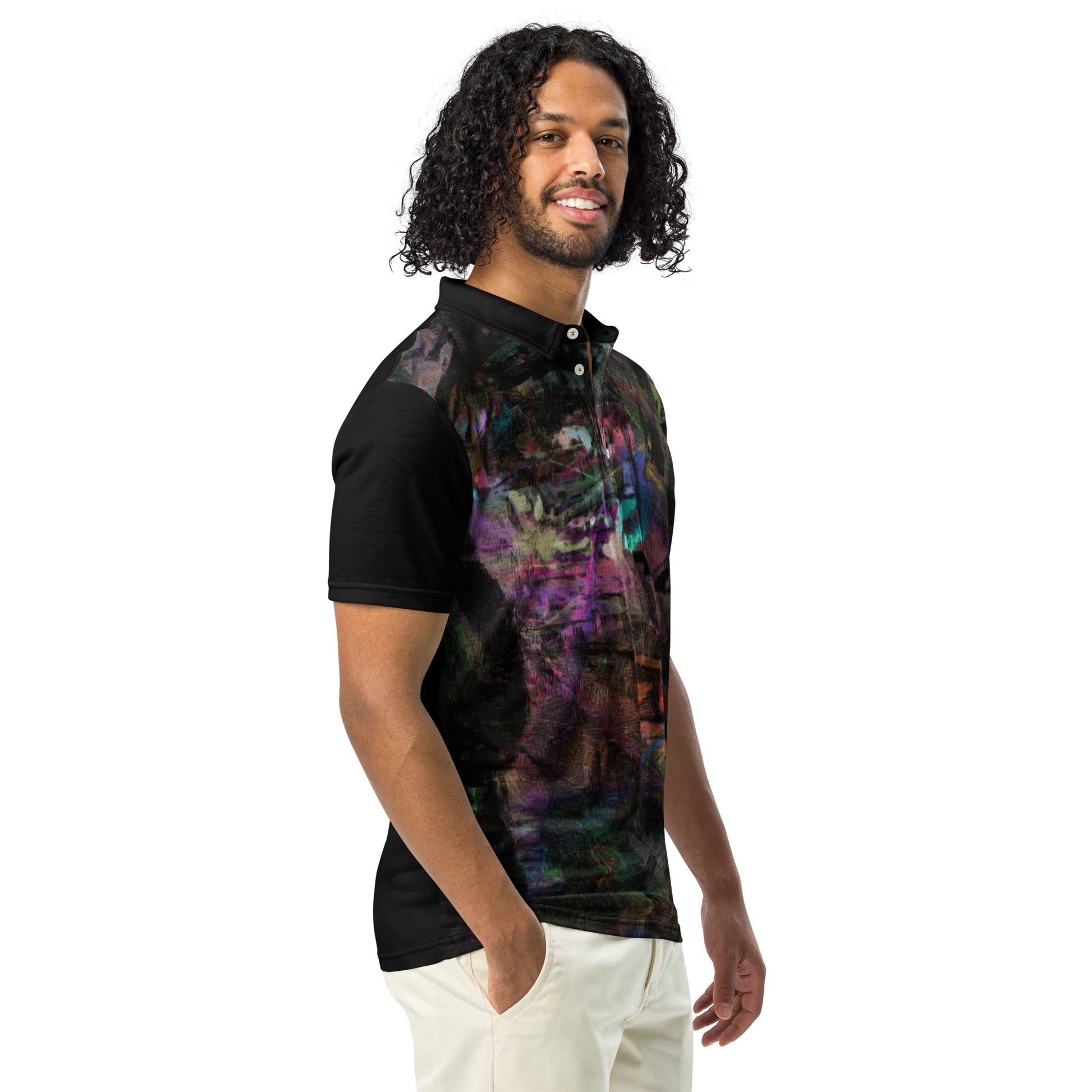 Hipyfi Men's Chromatic Dreams Slim Fit Polo Shirt – Vibrant abstract digital art print. Modern slim-fit design for bold, stylish casual wear. Right-Front