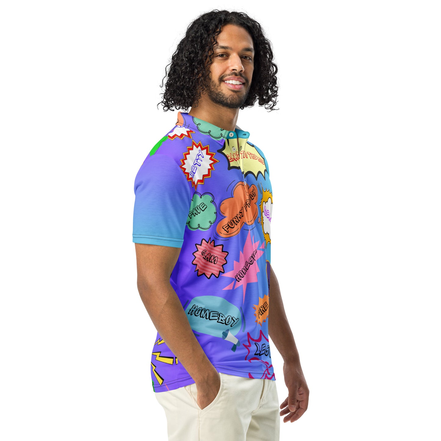 Hipyfi Retro Comic Slim Fit Polo Shirt with 80s Pop Art Graphic Design for Men Right front
