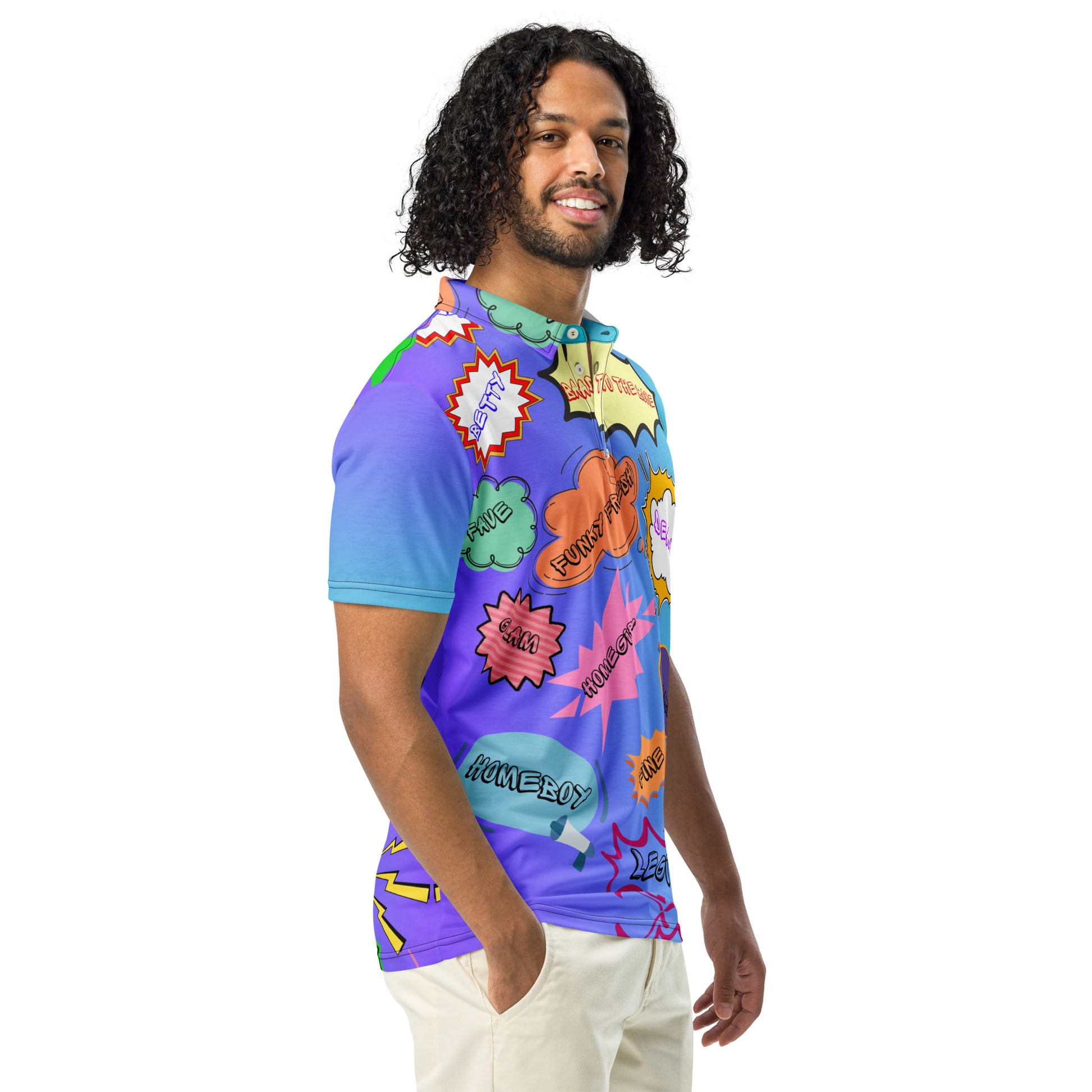 Hipyfi Retro Comic Slim Fit Polo Shirt with 80s Pop Art Graphic Design for Men Right front