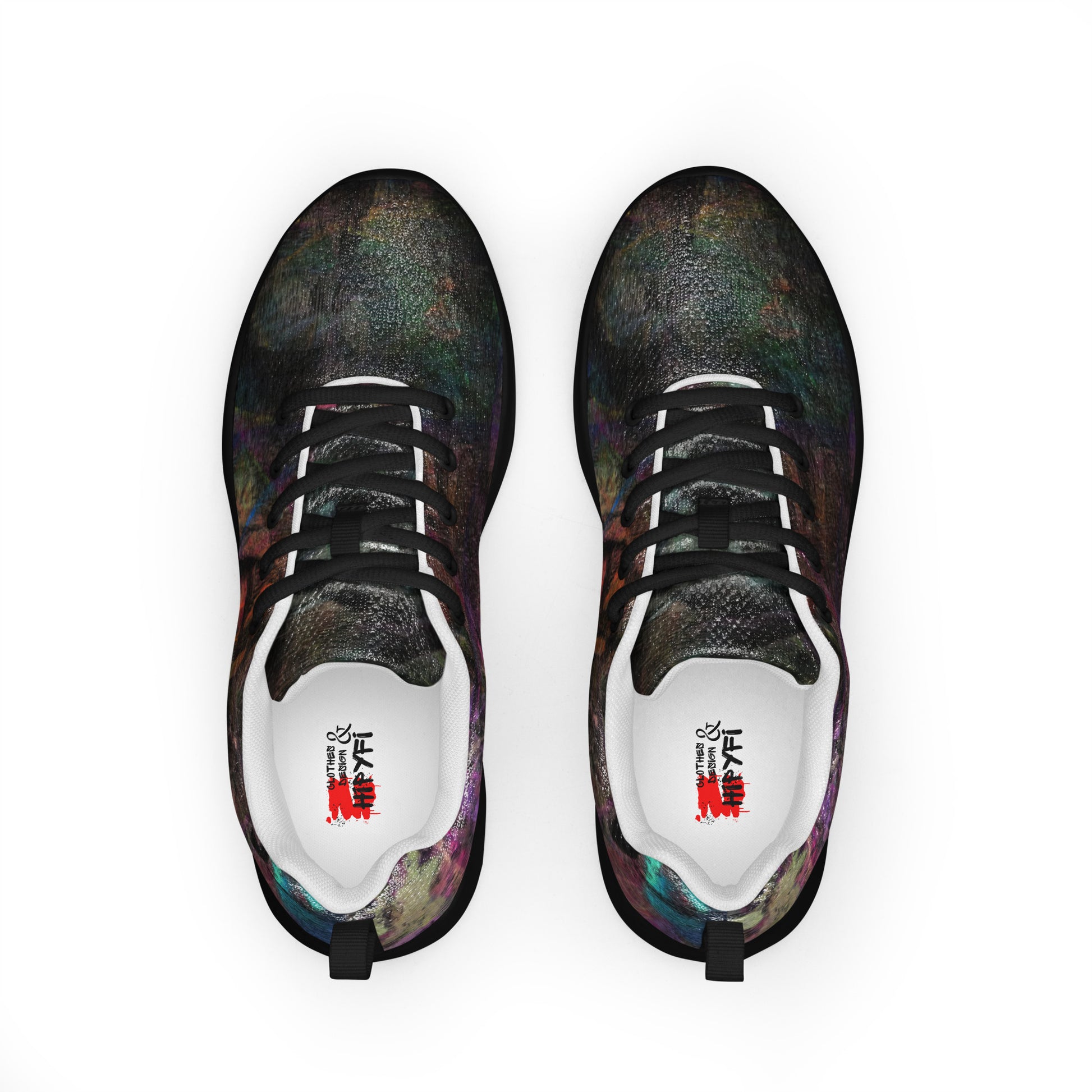 Hipyfi Chromatic Dreams Men’s Abstract Art Training Shoes in vibrant graffiti-inspired purple, blue, and orange with breathable performance design. black-front-6