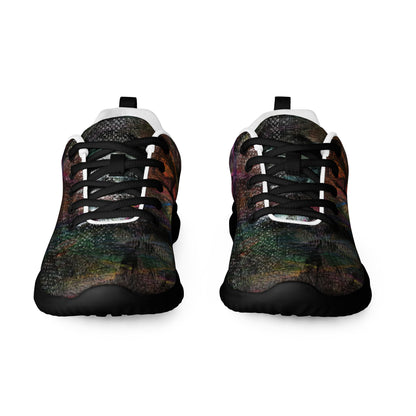 Hipyfi Chromatic Dreams Men’s Abstract Art Training Shoes in vibrant graffiti-inspired purple, blue, and orange with breathable performance design. black-front-7