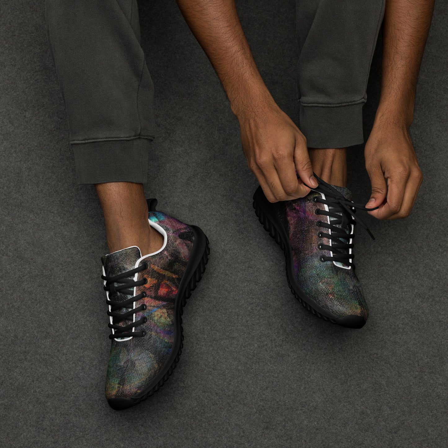 Hipyfi Chromatic Dreams Men’s Abstract Art Training Shoes in vibrant graffiti-inspired purple, blue, and orange with breathable performance design. black-front-2