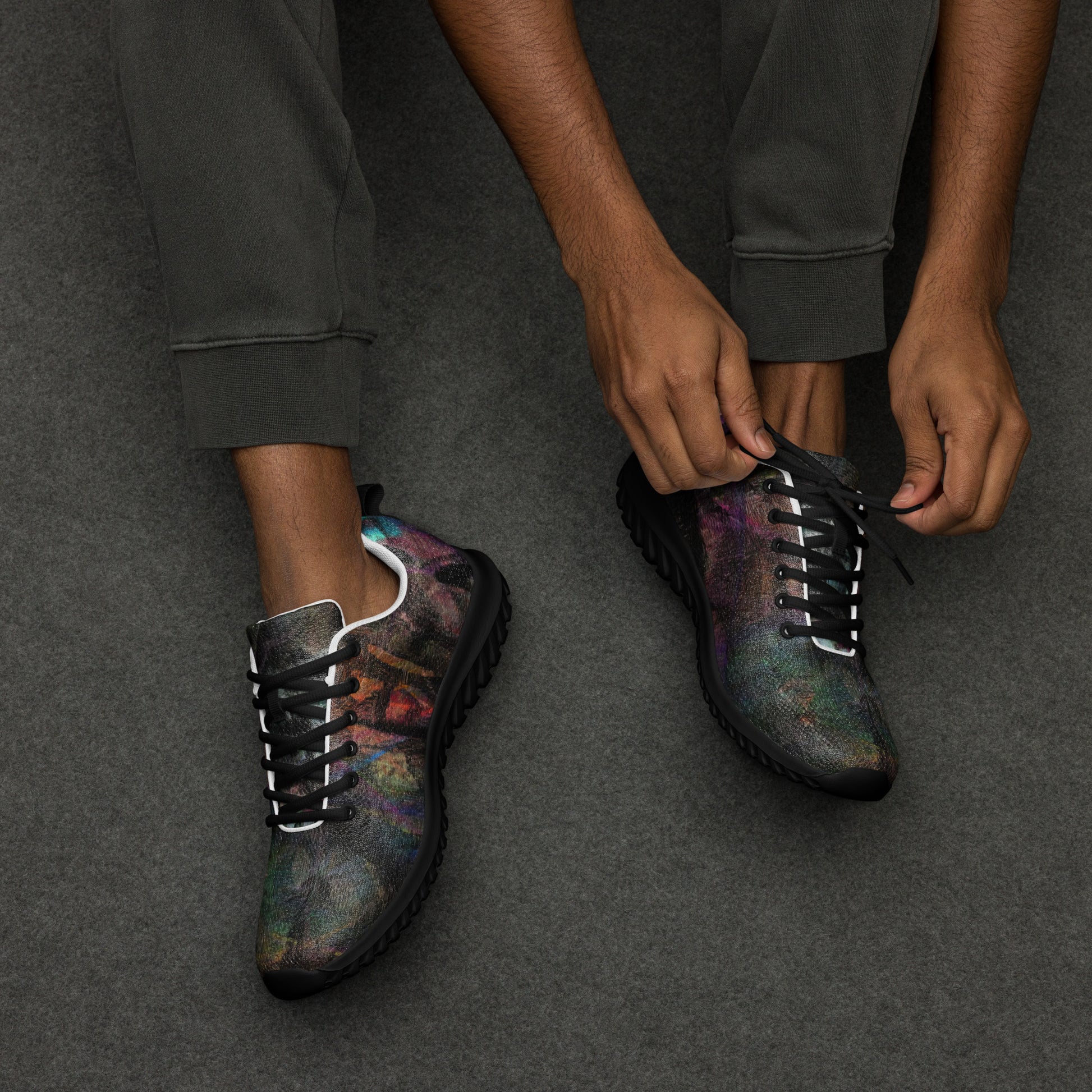 Hipyfi Chromatic Dreams Men’s Abstract Art Training Shoes in vibrant graffiti-inspired purple, blue, and orange with breathable performance design. black-front-2