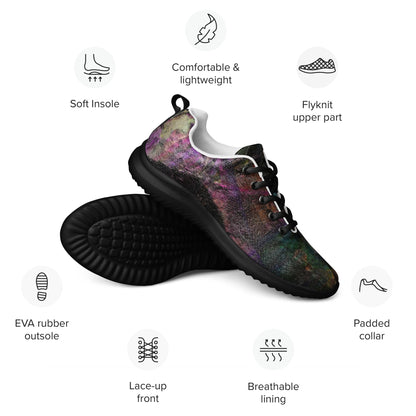 Hipyfi Chromatic Dreams Men’s Abstract Art Training Shoes in vibrant graffiti-inspired purple, blue, and orange with breathable performance design. black-front-info