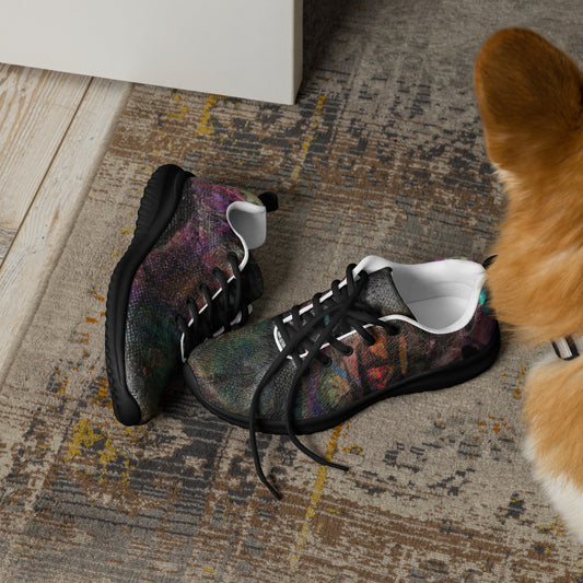 Hipyfi Chromatic Dreams Men’s Abstract Art Training Shoes in vibrant graffiti-inspired purple, blue, and orange with breathable performance design. black-front
