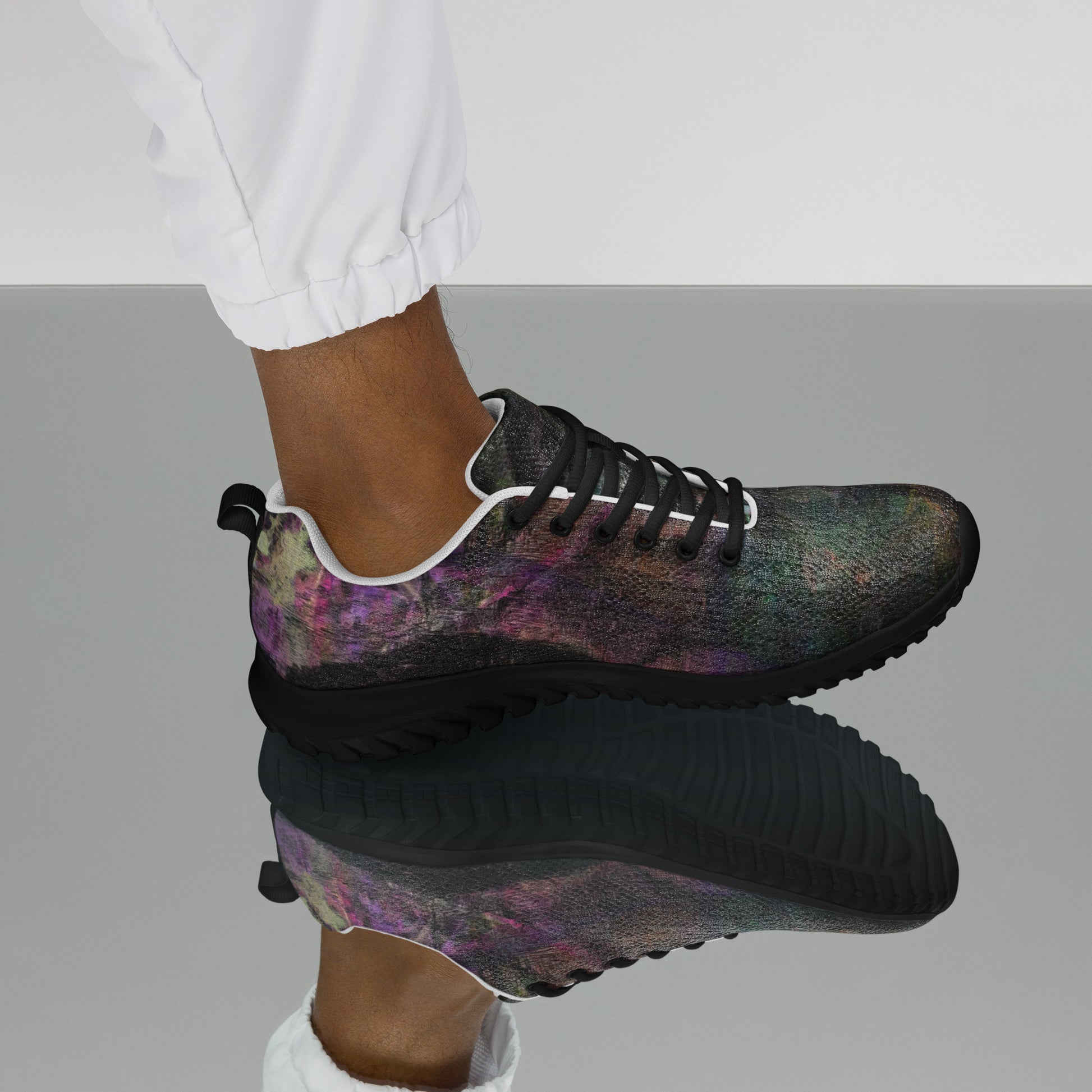 Hipyfi Chromatic Dreams Men’s Abstract Art Training Shoes in vibrant graffiti-inspired purple, blue, and orange with breathable performance design. black-left