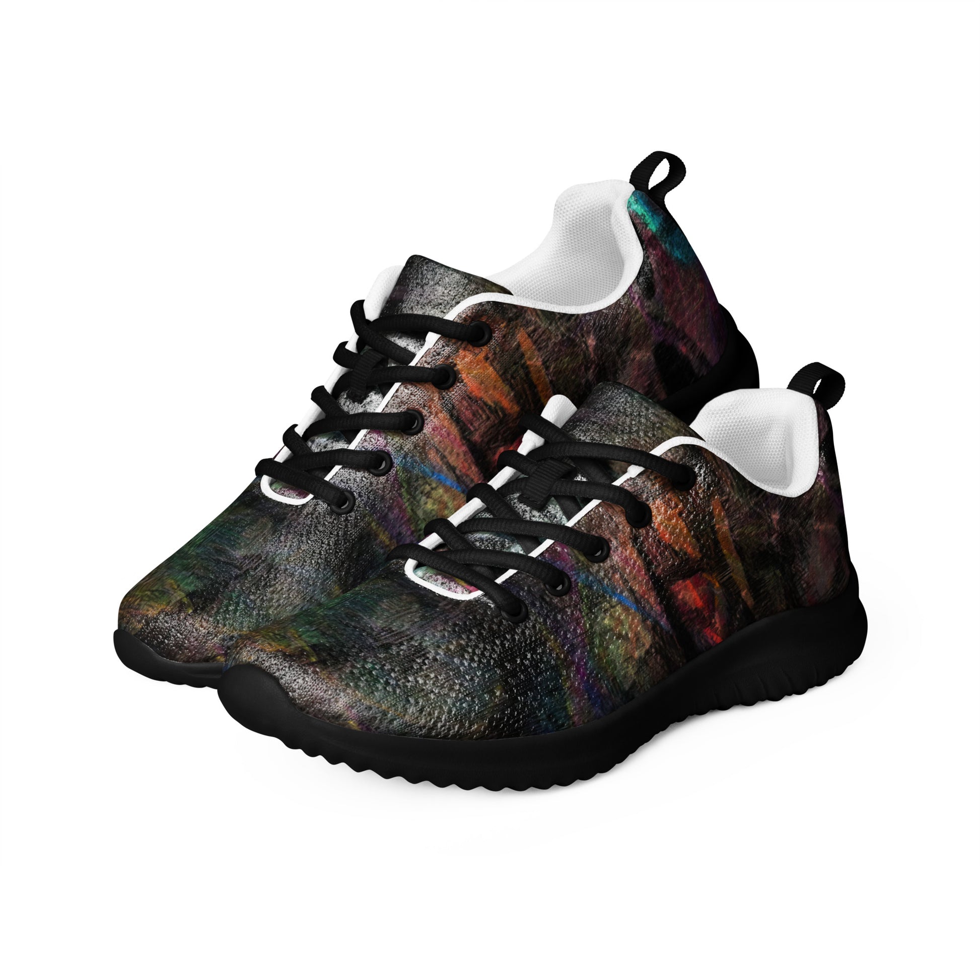 Hipyfi Chromatic Dreams Men’s Abstract Art Training Shoes in vibrant graffiti-inspired purple, blue, and orange with breathable performance design. black-left-front