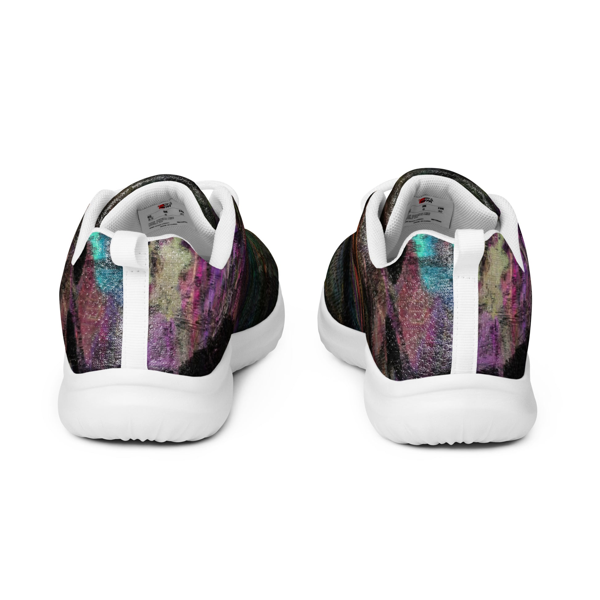 Hipyfi Chromatic Dreams Men’s Abstract Art Training Shoes in vibrant graffiti-inspired purple, blue, and orange with breathable performance design. white-back-2