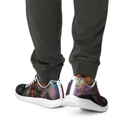 Hipyfi Chromatic Dreams Men’s Abstract Art Training Shoes in vibrant graffiti-inspired purple, blue, and orange with breathable performance design. white-back