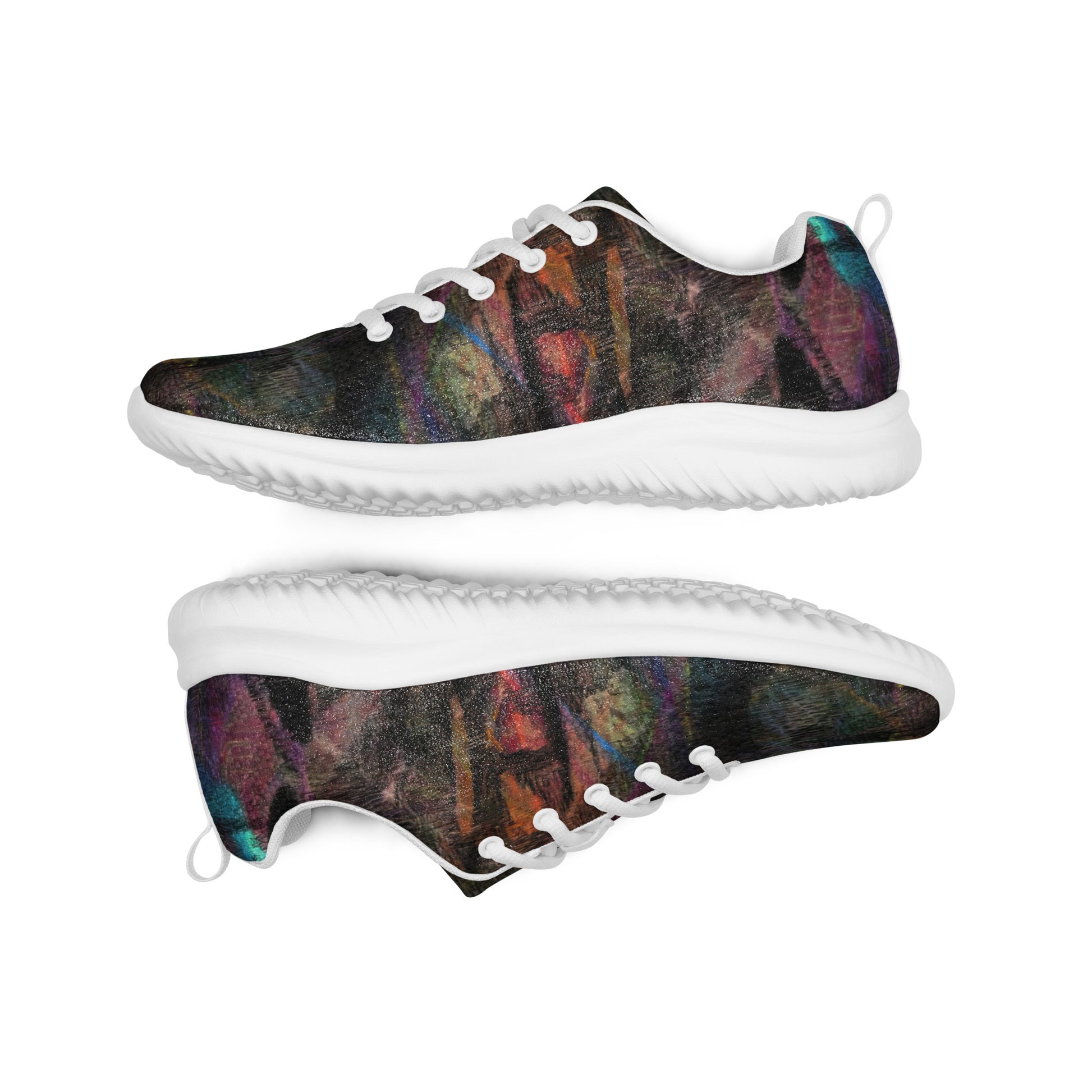 Hipyfi Chromatic Dreams Men’s Abstract Art Training Shoes in vibrant graffiti-inspired purple, blue, and orange with breathable performance design. white-front-3
