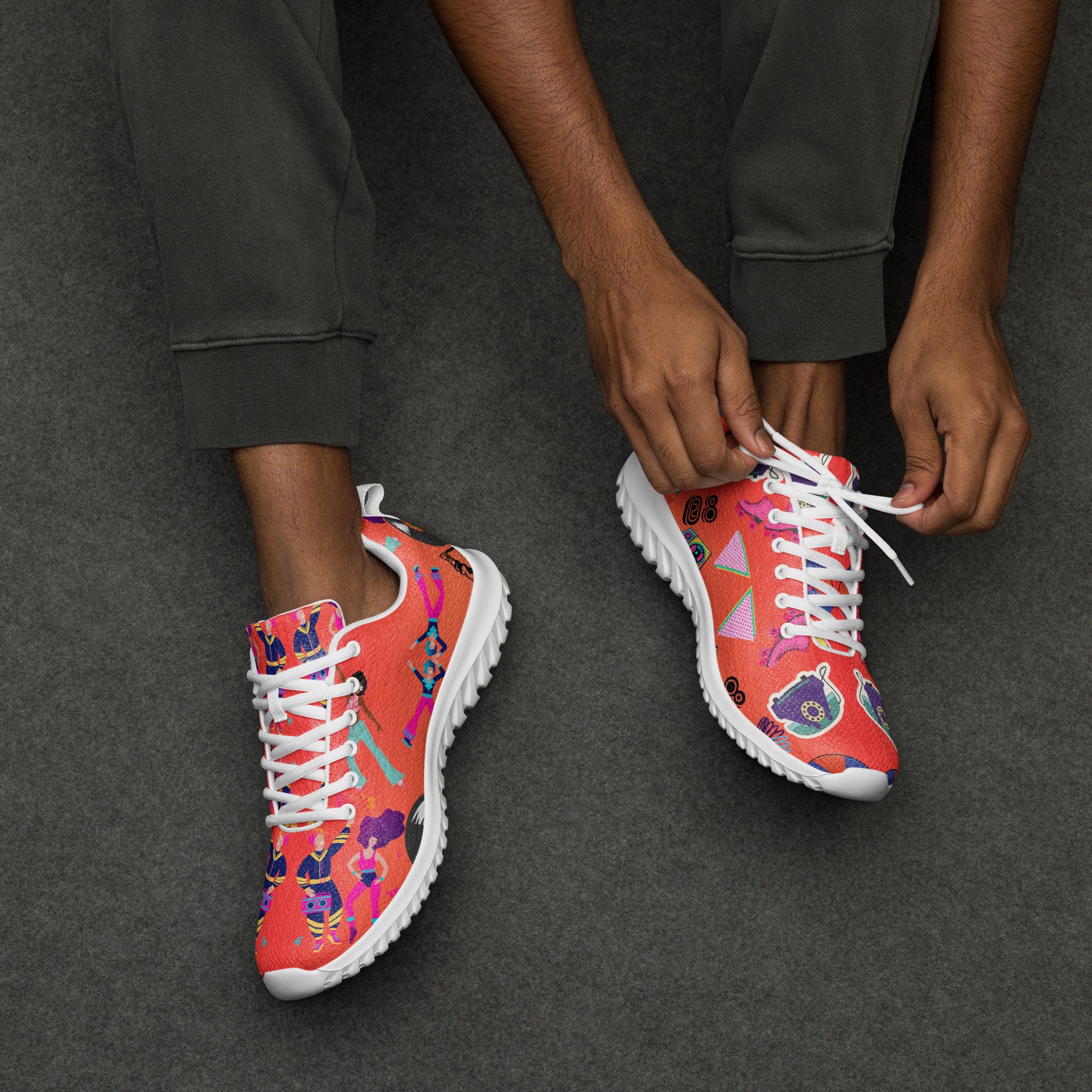 Hipyfi RetroRush Men’s 80s Style Athletic Sneakers with Neon Retro Pattern white-front-2