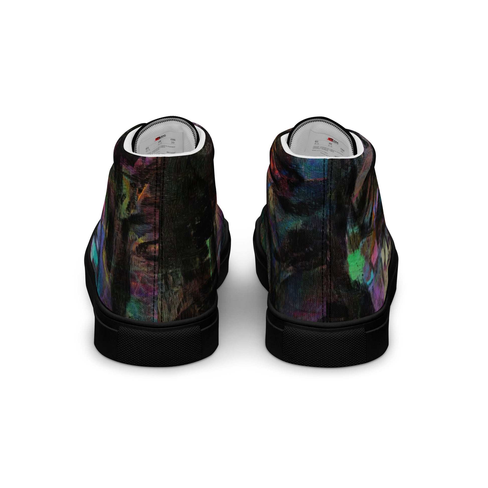 Hipyfi Chromatic Dreams Men's High-Top Sneakers with Bold Colorful Abstract Graffiti Print in Purple, Blue, and Green black-back-2