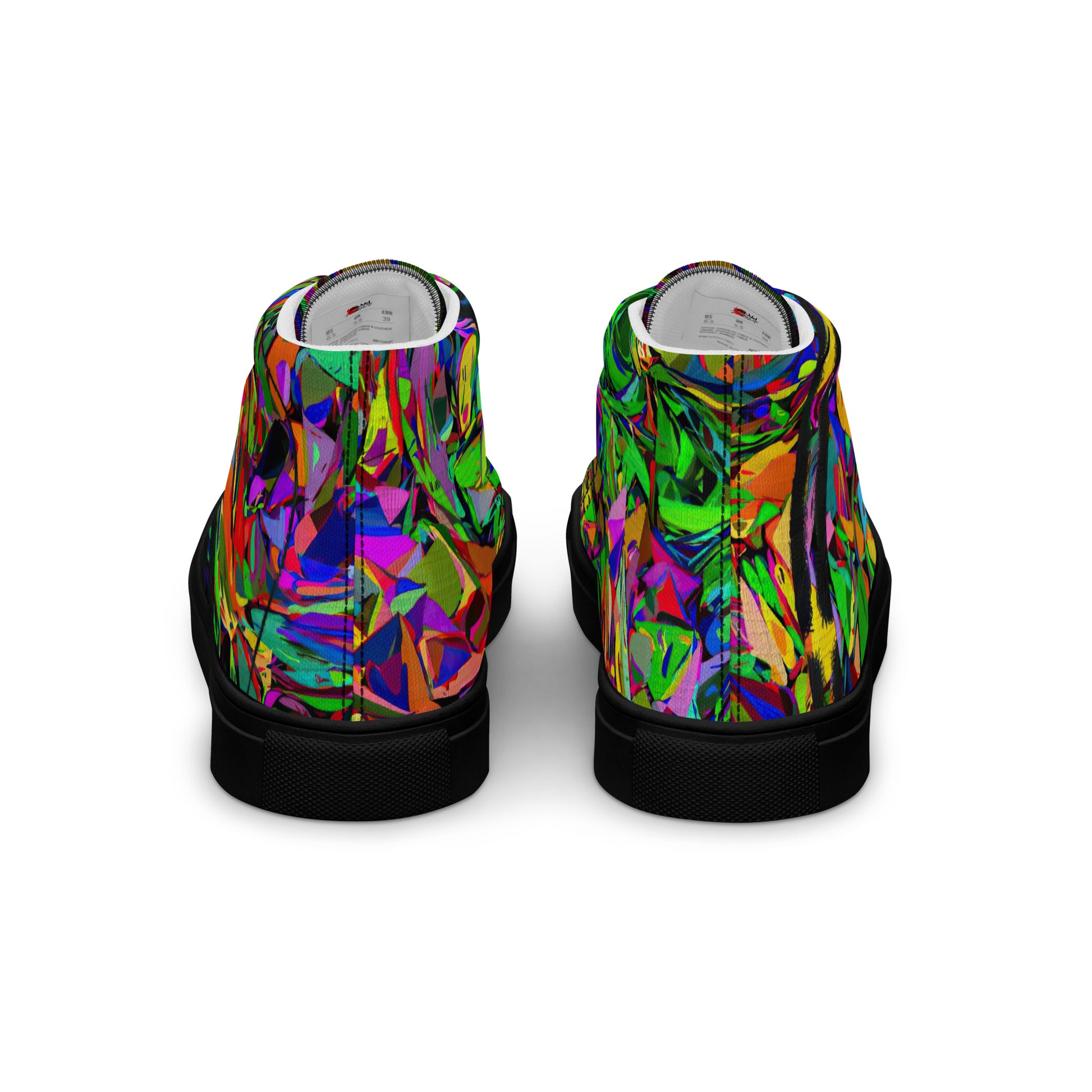 Men’s handmade high top canvas sneakers with abstract neon graphic design – Neon Mythos by Hipyfi Clothes & Design. black-back