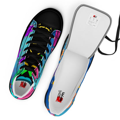 Hipyfi Retro Men’s High Top Canvas Sneakers – 1980s graphic design with bold colorful speech bubbles black-branding-4