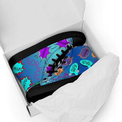 Hipyfi Retro Men’s High Top Canvas Sneakers – 1980s graphic design with bold colorful speech bubbles black-front-6