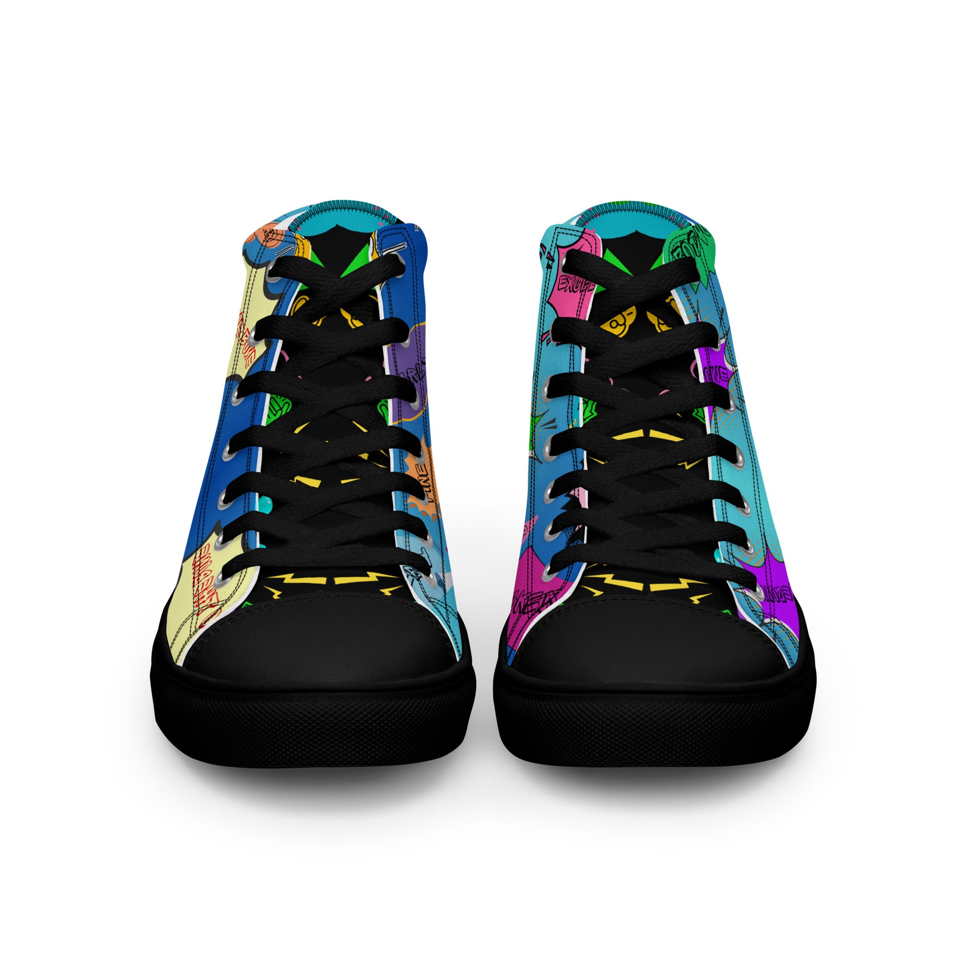 Hipyfi Retro Men’s High Top Canvas Sneakers – 1980s graphic design with bold colorful speech bubbles black-front-2