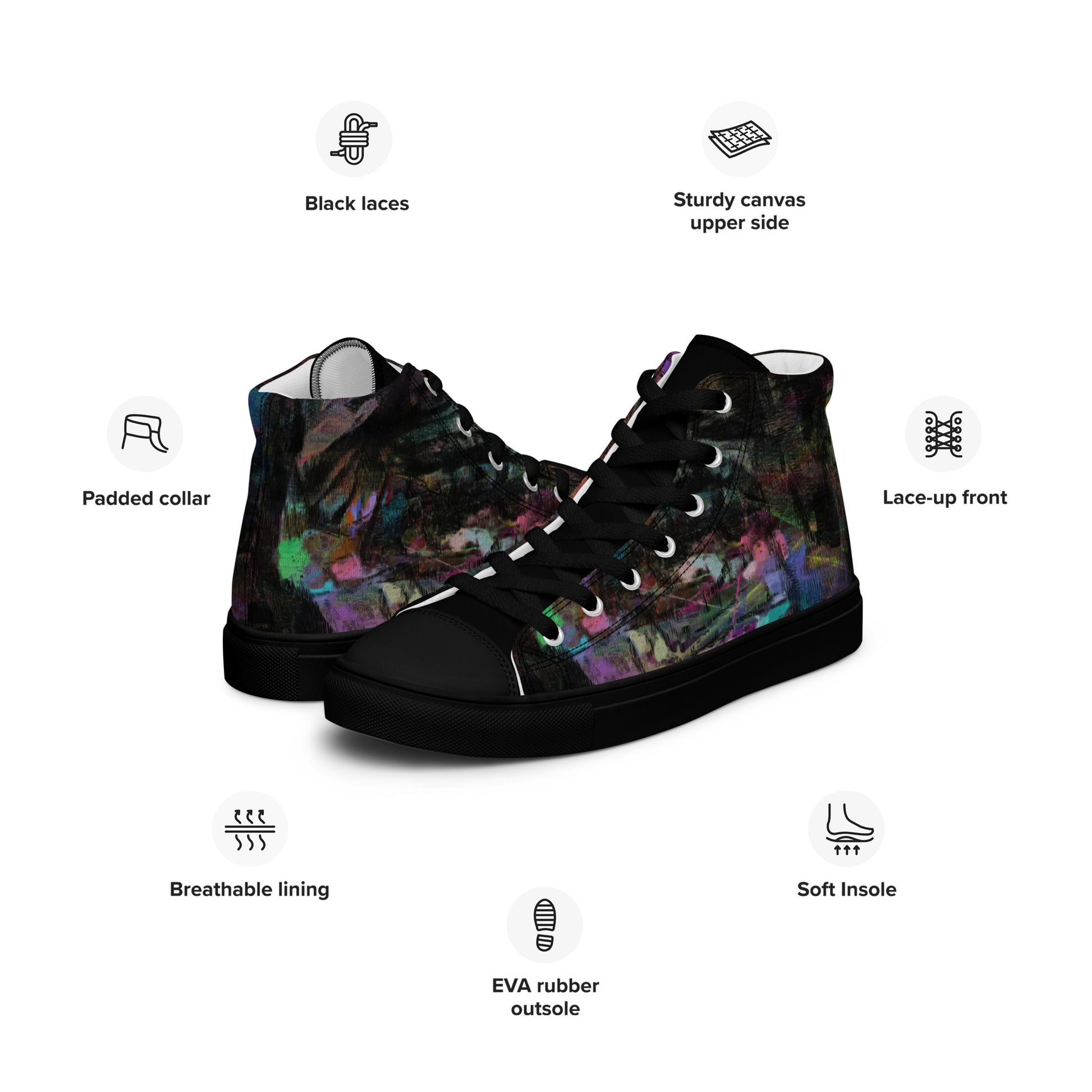 Hipyfi Chromatic Dreams Men's High-Top Sneakers with Bold Colorful Abstract Graffiti Print in Purple, Blue, and Green black-left-info