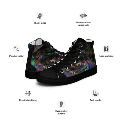 Hipyfi Chromatic Dreams Men's High-Top Sneakers with Bold Colorful Abstract Graffiti Print in Purple, Blue, and Green black-left-info
