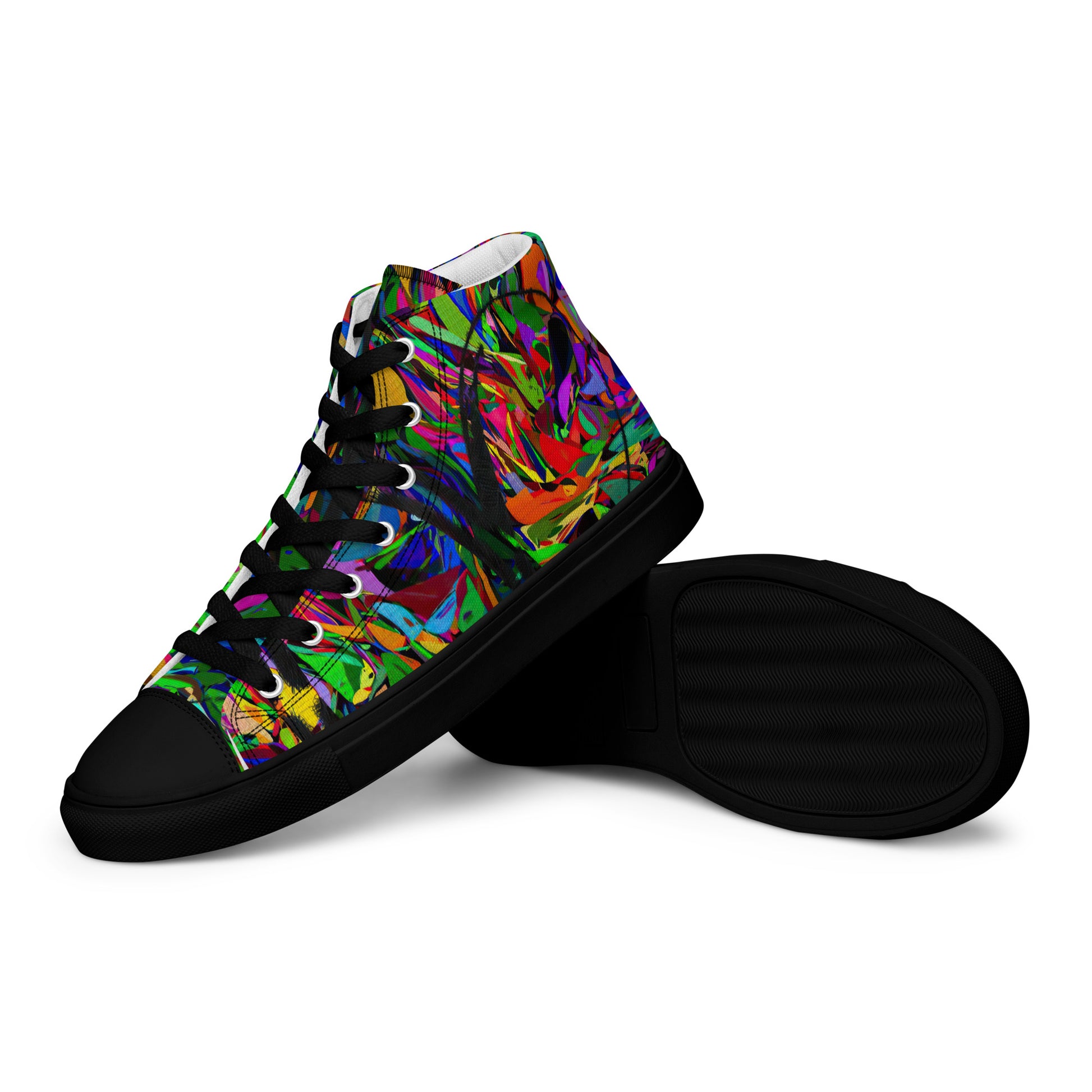 Men’s handmade high top canvas sneakers with abstract neon graphic design – Neon Mythos by Hipyfi Clothes & Design. black-left-3
