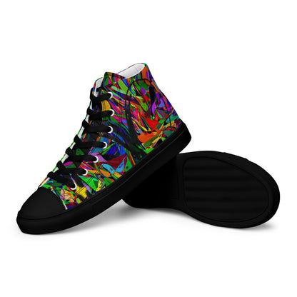 Men’s handmade high top canvas sneakers with abstract neon graphic design – Neon Mythos by Hipyfi Clothes & Design. black-left-3