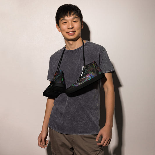 Hipyfi Chromatic Dreams Men's High-Top Sneakers with Bold Colorful Abstract Graffiti Print in Purple, Blue, and Green black-left