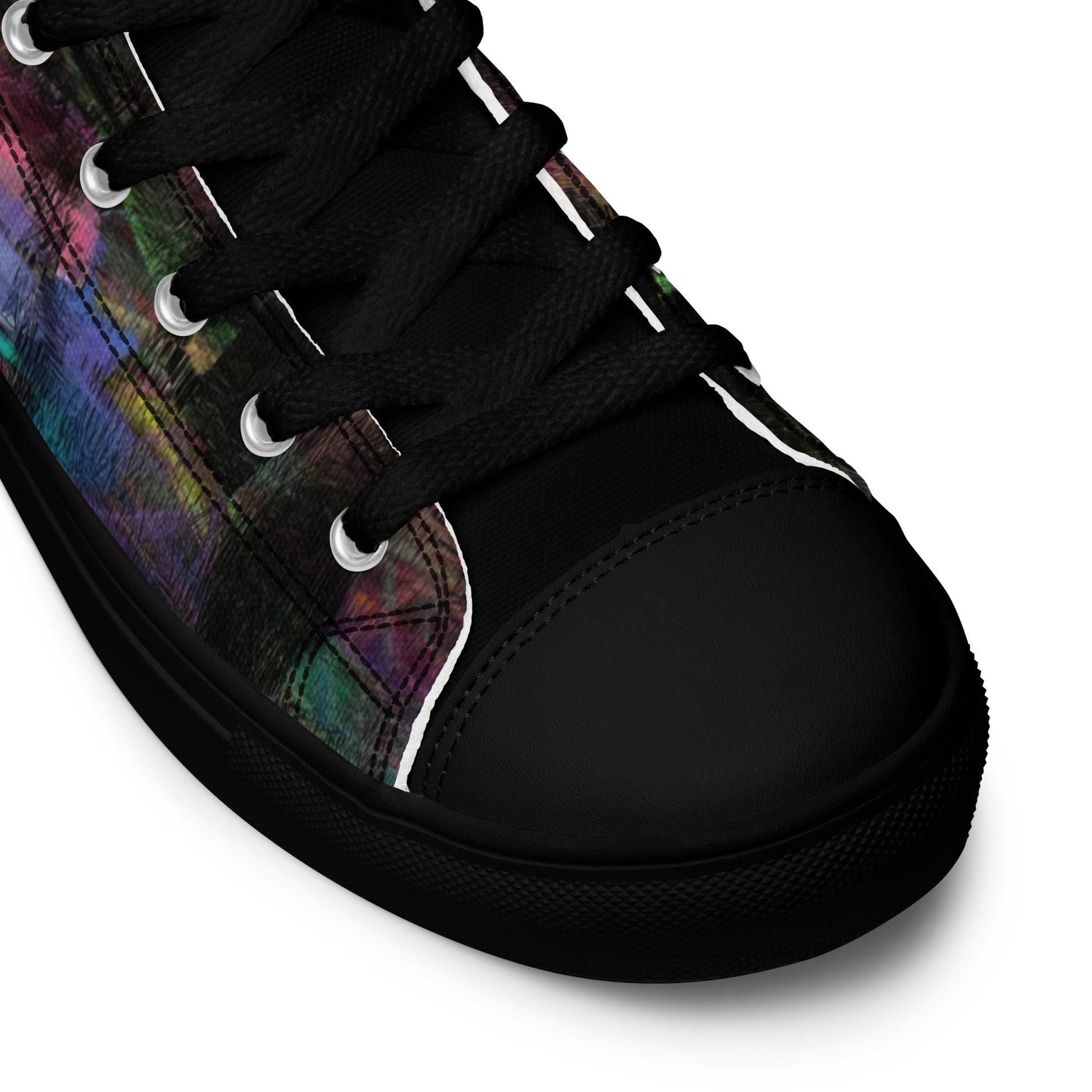 Hipyfi Chromatic Dreams Men's High-Top Sneakers with Bold Colorful Abstract Graffiti Print in Purple, Blue, and Green black-product-details-4