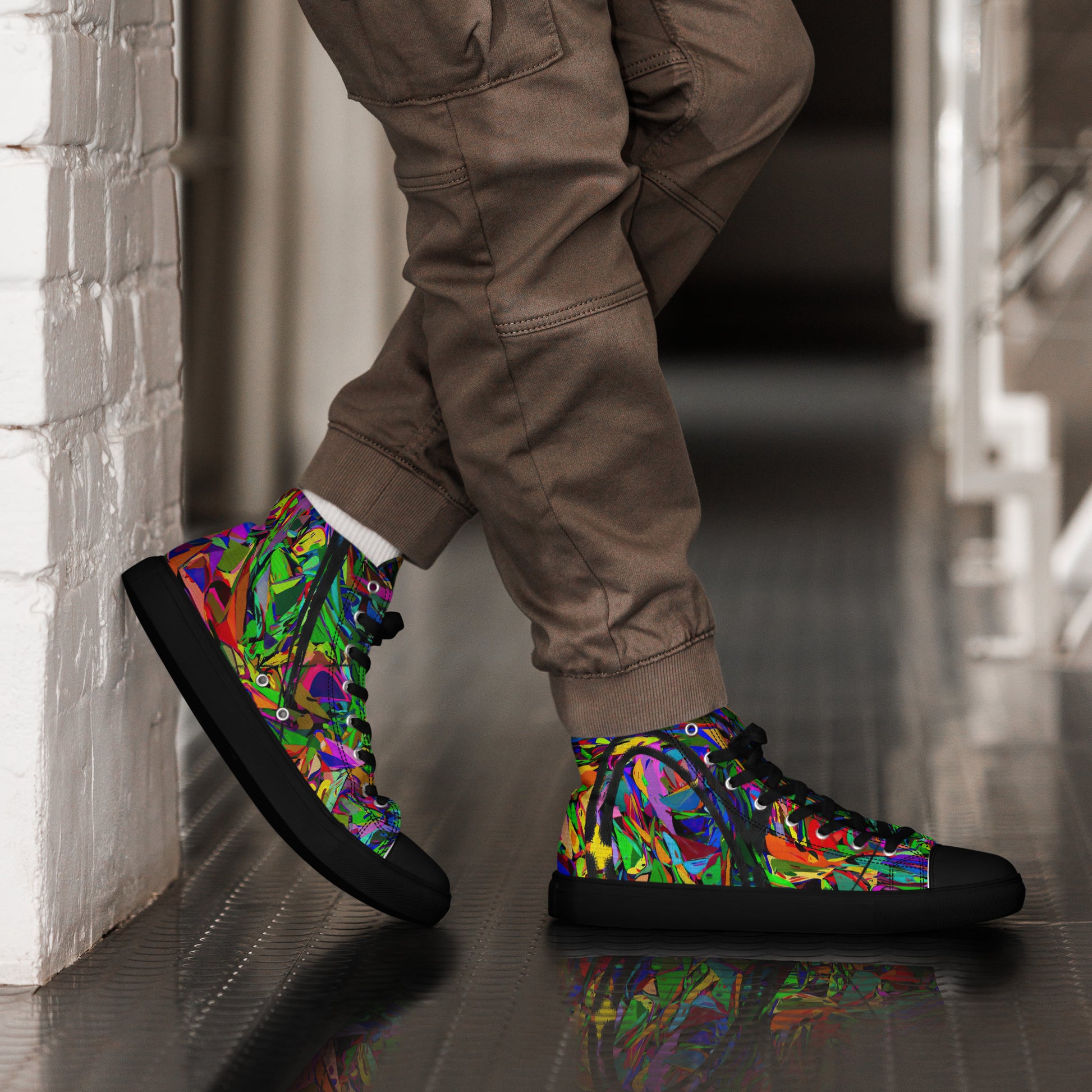 Men’s handmade high top canvas sneakers with abstract neon graphic design – Neon Mythos by Hipyfi Clothes & Design. black-right-2