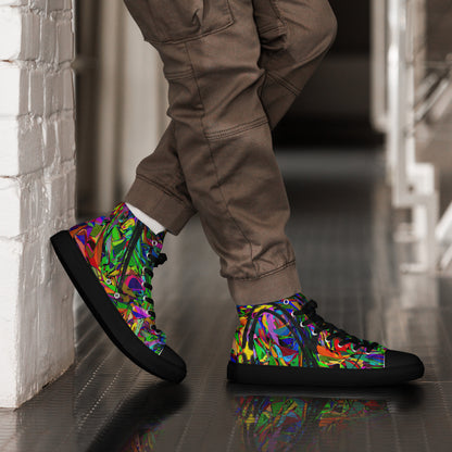 Men’s handmade high top canvas sneakers with abstract neon graphic design – Neon Mythos by Hipyfi Clothes & Design. black-right-2