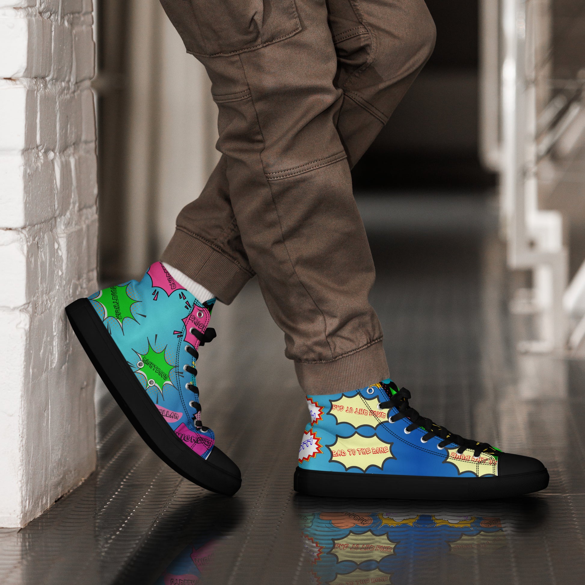 Hipyfi Retro Men’s High Top Canvas Sneakers – 1980s graphic design with bold colorful speech bubbles black-right-2