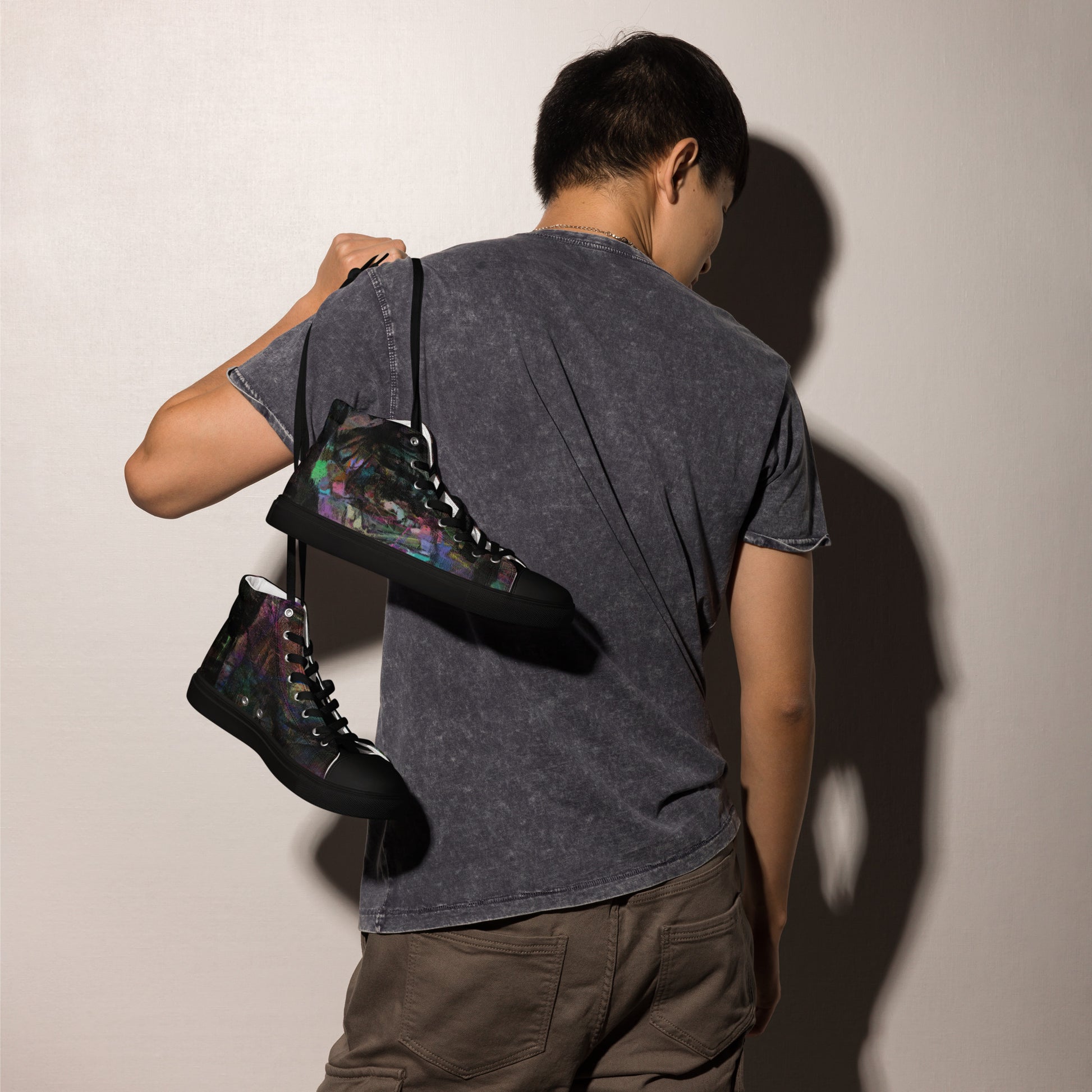Hipyfi Chromatic Dreams Men's High-Top Sneakers with Bold Colorful Abstract Graffiti Print in Purple, Blue, and Green black-right