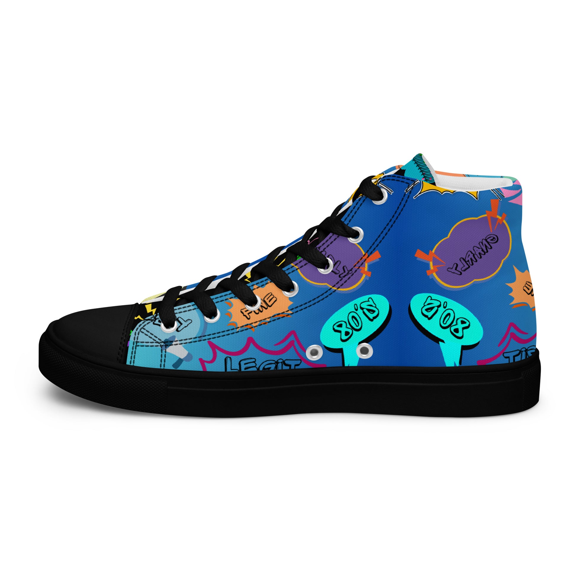 Hipyfi Retro Men’s High Top Canvas Sneakers – 1980s graphic design with bold colorful speech bubbles black-right-inside