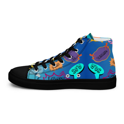 Hipyfi Retro Men’s High Top Canvas Sneakers – 1980s graphic design with bold colorful speech bubbles black-right-inside