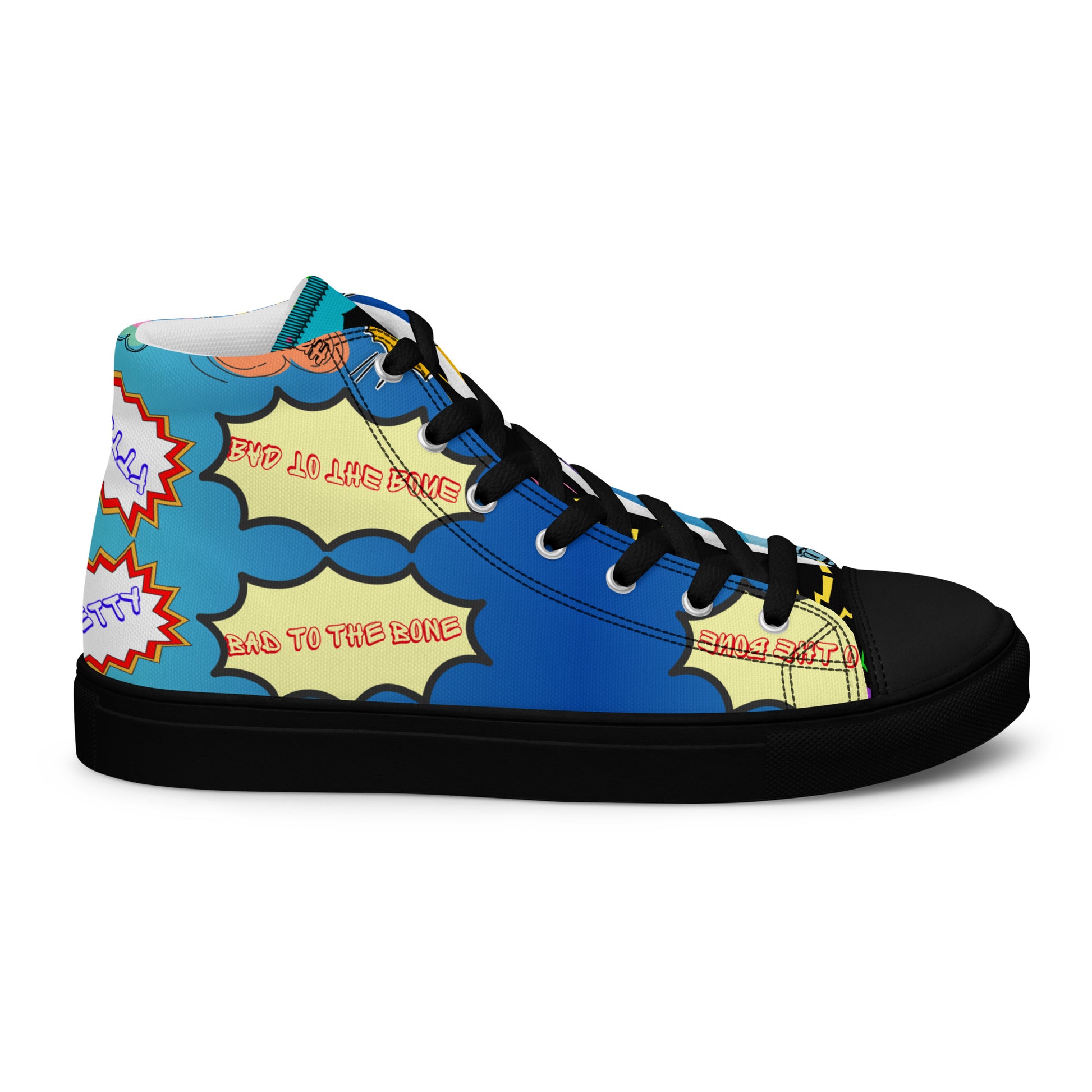 Hipyfi Retro Men’s High Top Canvas Sneakers – 1980s graphic design with bold colorful speech bubbles black-right-outside