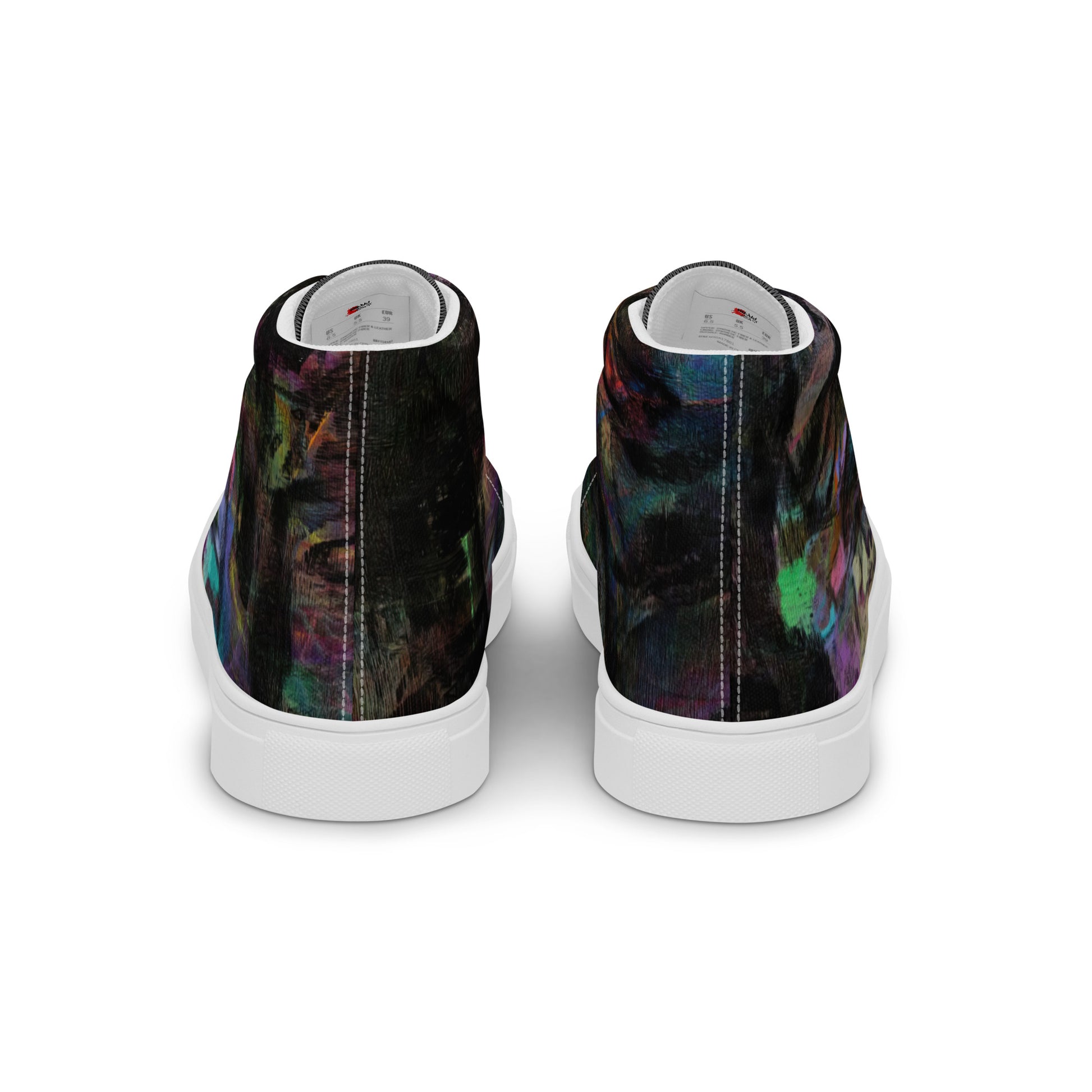 Hipyfi Chromatic Dreams Men's High-Top Sneakers with Bold Colorful Abstract Graffiti Print in Purple, Blue, and Green white-back-4