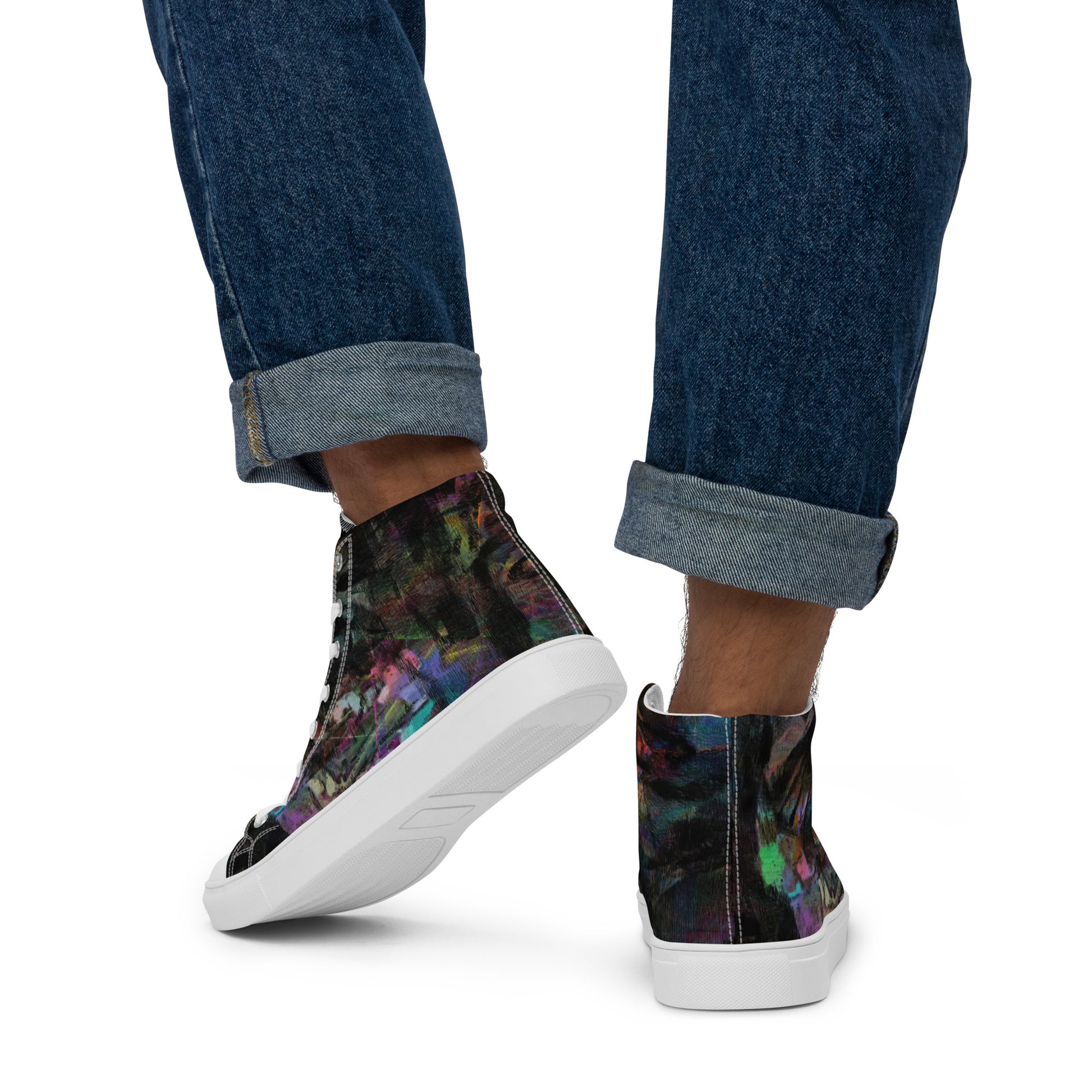 Hipyfi Chromatic Dreams Men's High-Top Sneakers with Bold Colorful Abstract Graffiti Print in Purple, Blue, and Green white-back
