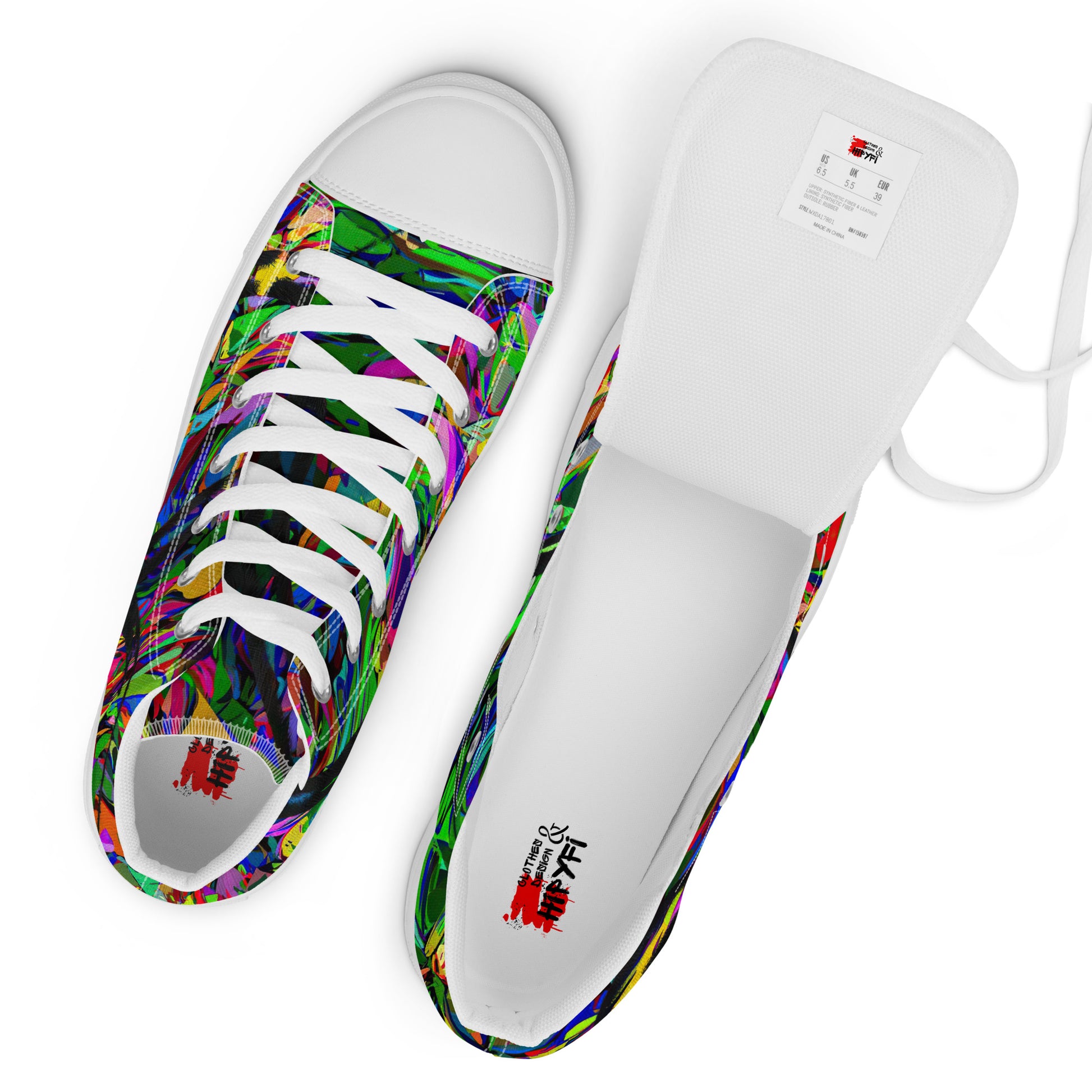 Men’s handmade high top canvas sneakers with abstract neon graphic design – Neon Mythos by Hipyfi Clothes & Design. white-branding-4