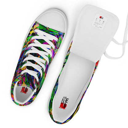 Men’s handmade high top canvas sneakers with abstract neon graphic design – Neon Mythos by Hipyfi Clothes & Design. white-branding-4