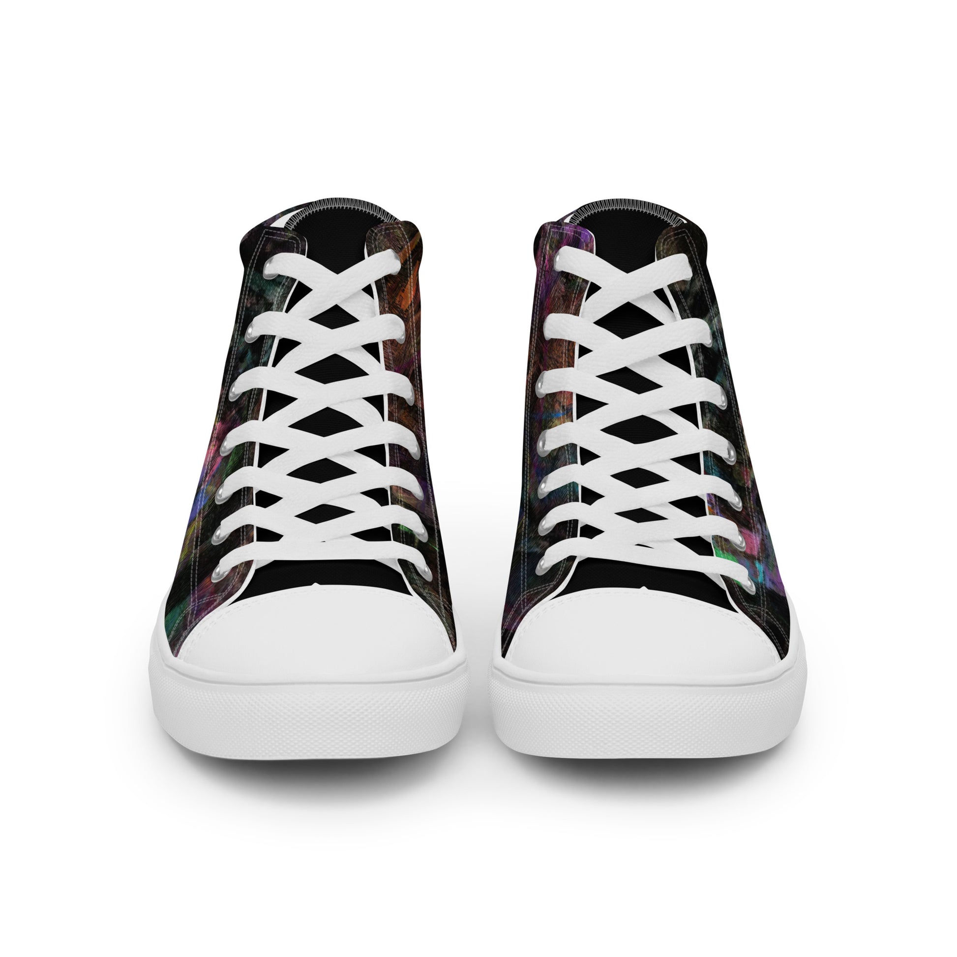 Hipyfi Chromatic Dreams Men's High-Top Sneakers with Bold Colorful Abstract Graffiti Print in Purple, Blue, and Green white-front