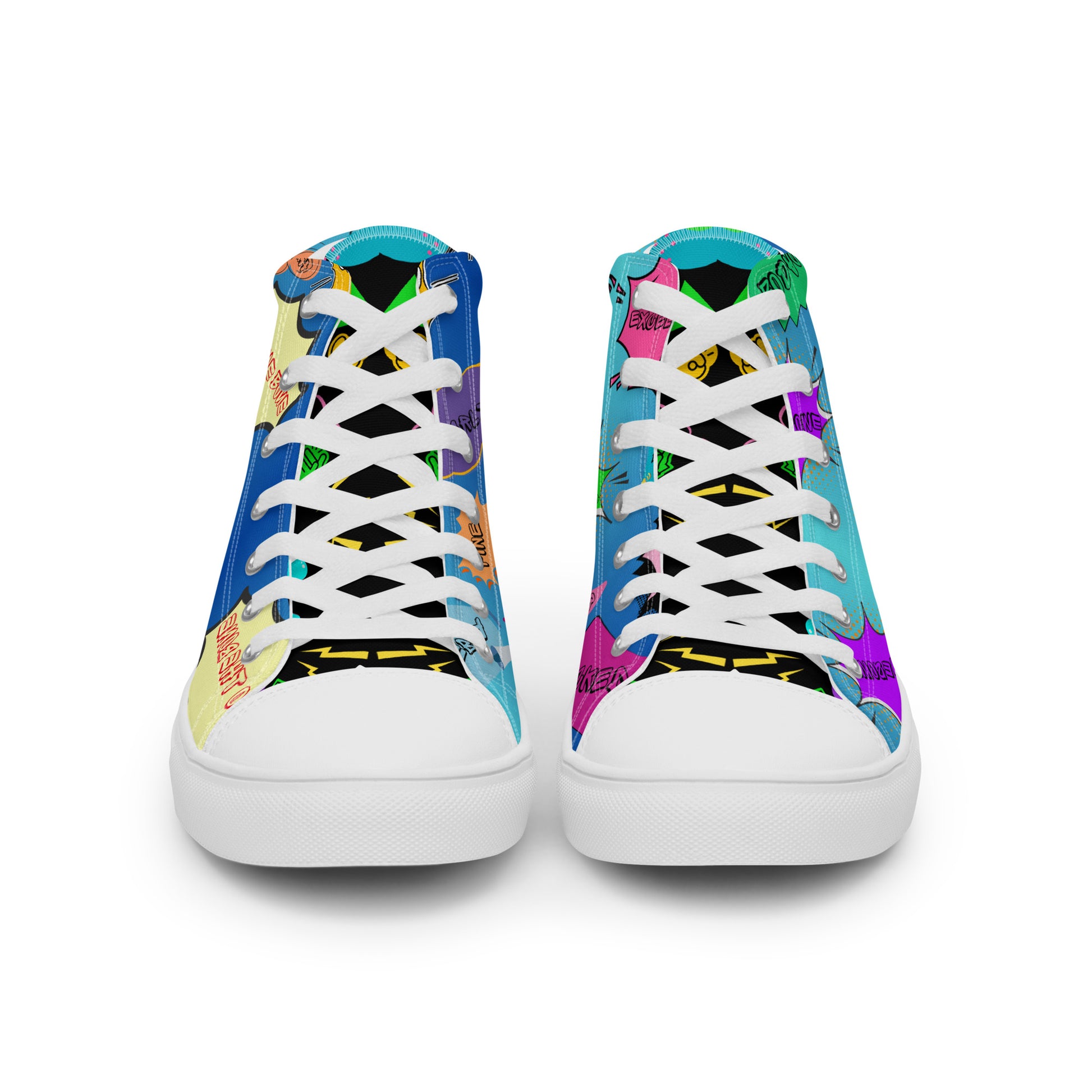 Hipyfi Retro Men’s High Top Canvas Sneakers – 1980s graphic design with bold colorful speech bubbles white-front-2