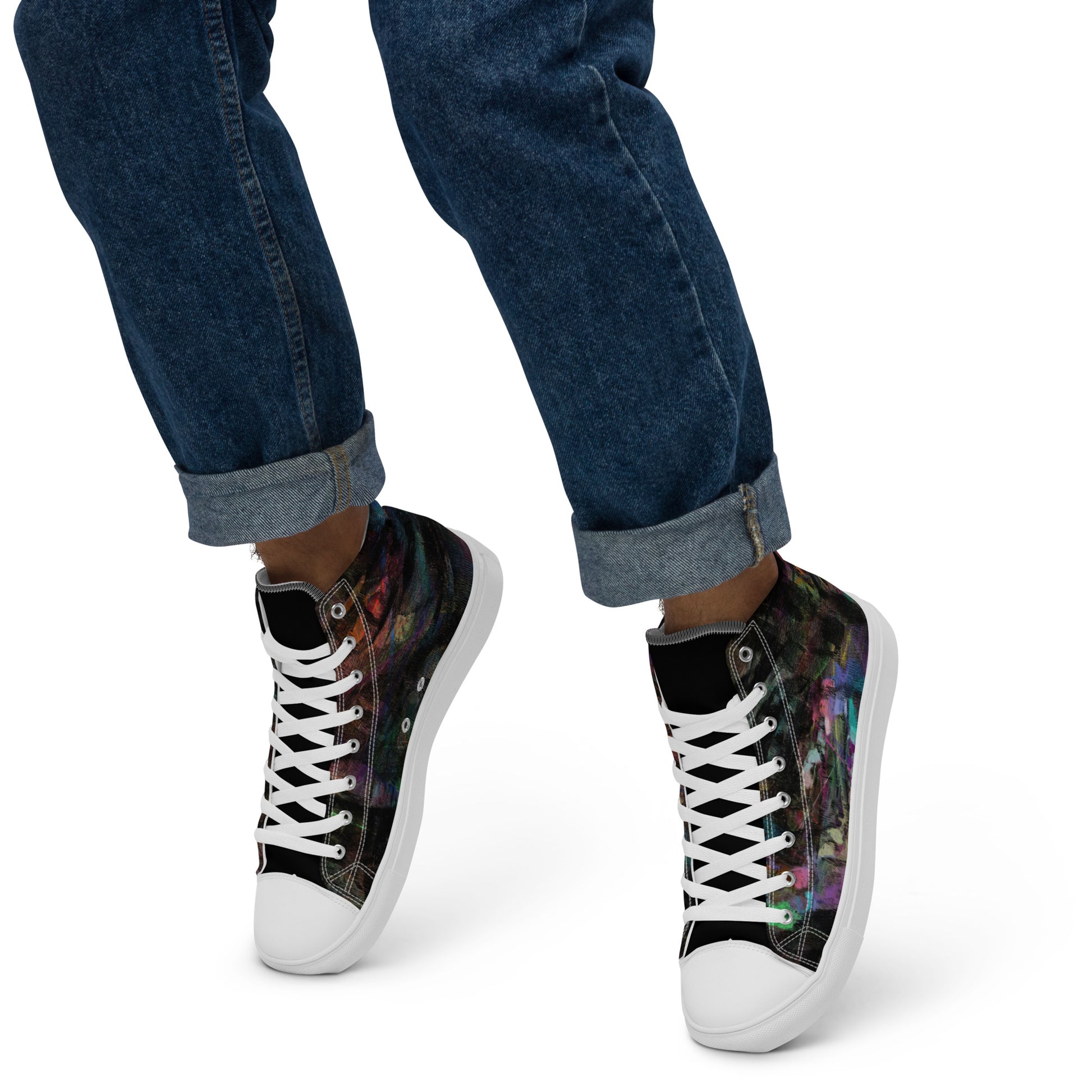 Hipyfi Chromatic Dreams Men's High-Top Sneakers with Bold Colorful Abstract Graffiti Print in Purple, Blue, and Green white-left-3