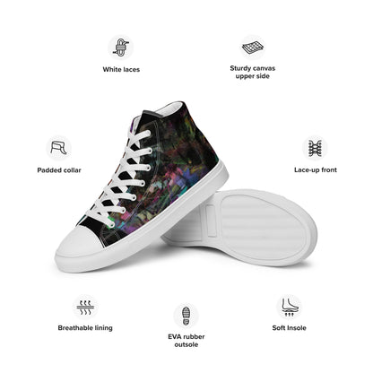 Hipyfi Chromatic Dreams Men's High-Top Sneakers with Bold Colorful Abstract Graffiti Print in Purple, Blue, and Green white-left-info