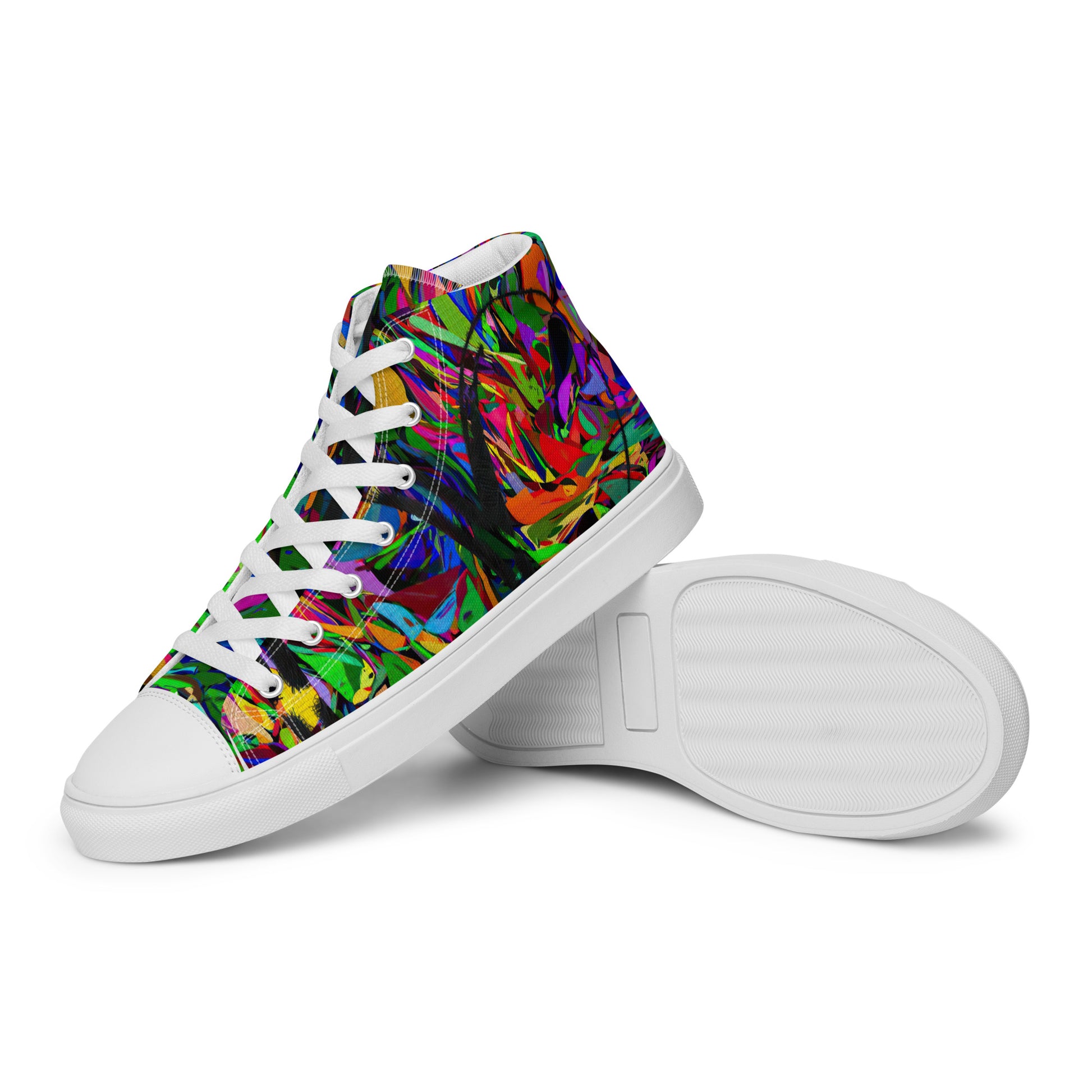 Men’s handmade high top canvas sneakers with abstract neon graphic design – Neon Mythos by Hipyfi Clothes & Design. white-left-3