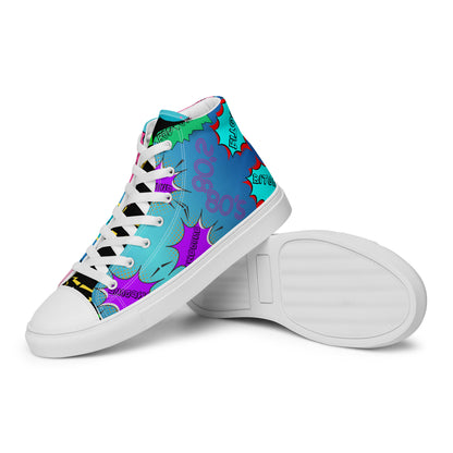 Hipyfi Retro Men’s High Top Canvas Sneakers – 1980s graphic design with bold colorful speech bubbles white-left-2