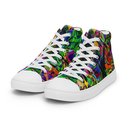 Men’s handmade high top canvas sneakers with abstract neon graphic design – Neon Mythos by Hipyfi Clothes & Design. white-left-front