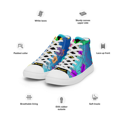 Hipyfi Retro Men’s High Top Canvas Sneakers – 1980s graphic design with bold colorful speech bubbles Product-info