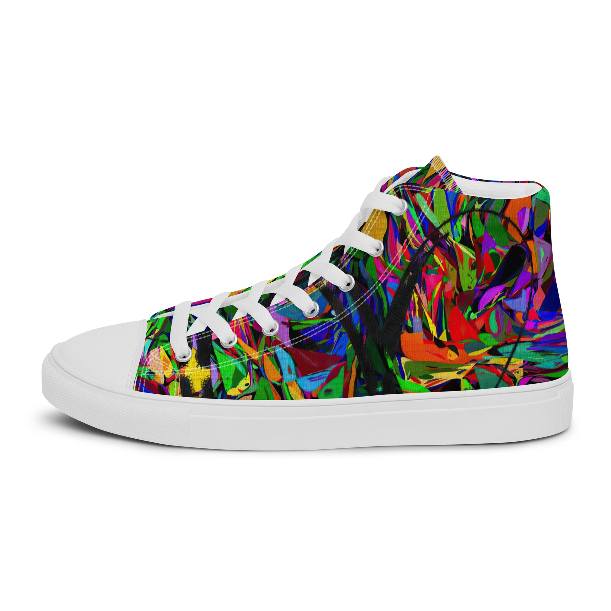 Men’s handmade high top canvas sneakers with abstract neon graphic design – Neon Mythos by Hipyfi Clothes & Design. white-left-outside